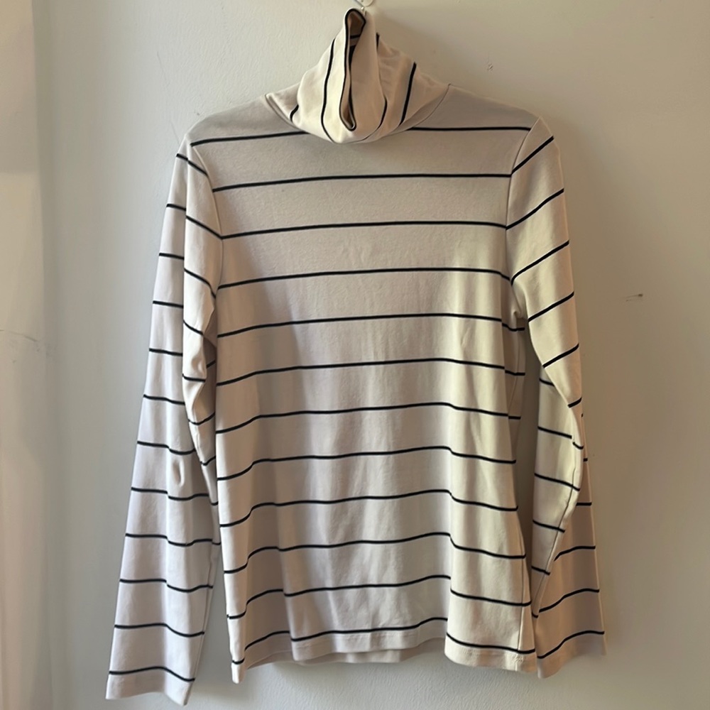 J. Crew Cream and Black Striped Turtleneck Blouse